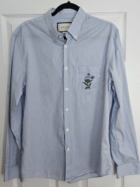 Gucci Light Blue Striped Button-Down Shirt with Chest Floral Embroidery.